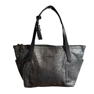 Cole Haan Gunmetal snakeskin Pebbled Leather Tote Purse Bag. Preowned li…